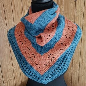 Stunning handknit cowl in blue and coral, GIFTWORTHY!